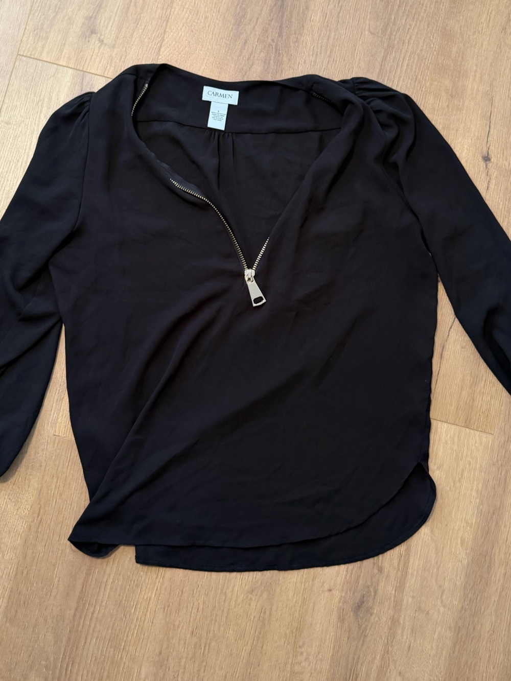Carmen Black Zip-Neck Long Sleeve Blouse